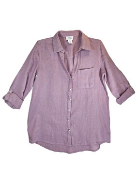Sigrid Olsen 100% Linen Blouse S Roll Tab Sleeve Button Front Casual Top